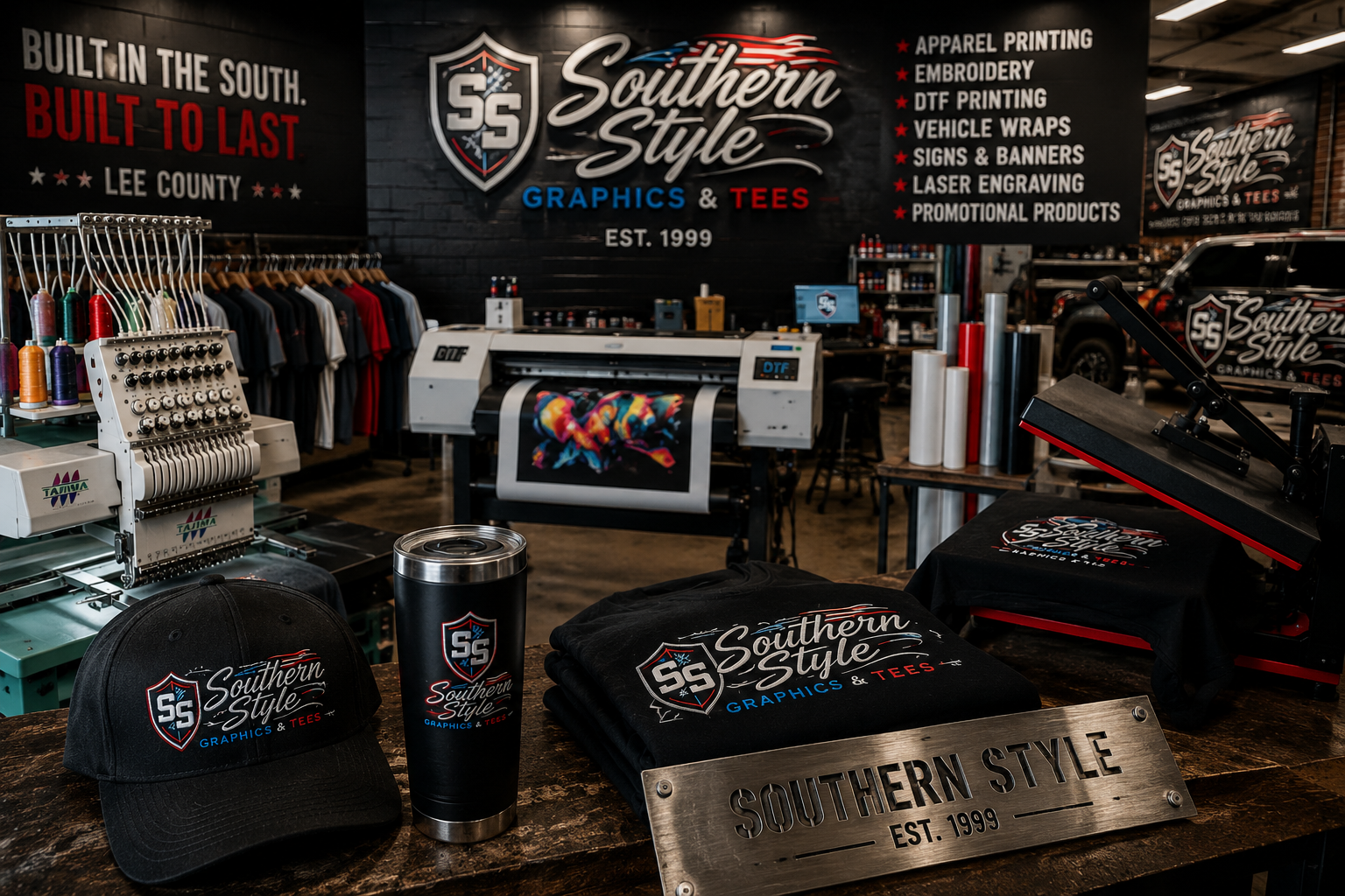 Southern Style Graphics & Tees production shop — Tajima embroidery machine, DTF printer, heat press, branded hats, tumblers, and tees with the full shop floor and signage